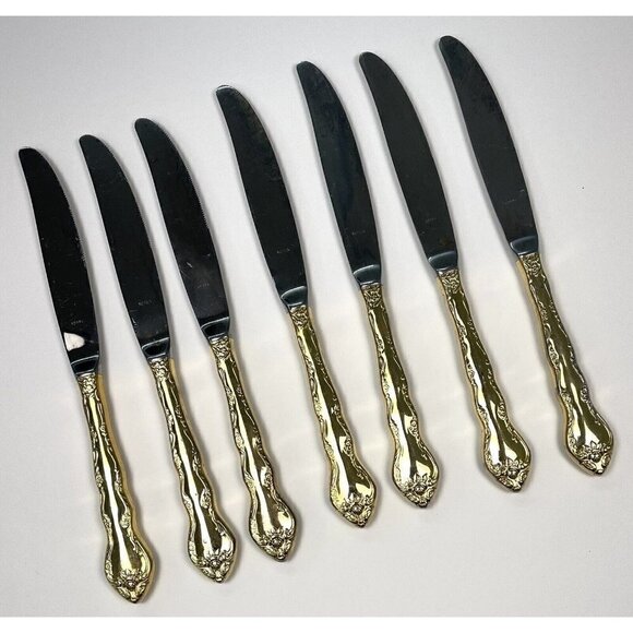 VTG Lot 7 INTERNATIONAL SILVER Abbey Rose Gold Electroplate Modern Hollow KNIFE - Picture 1 of 5